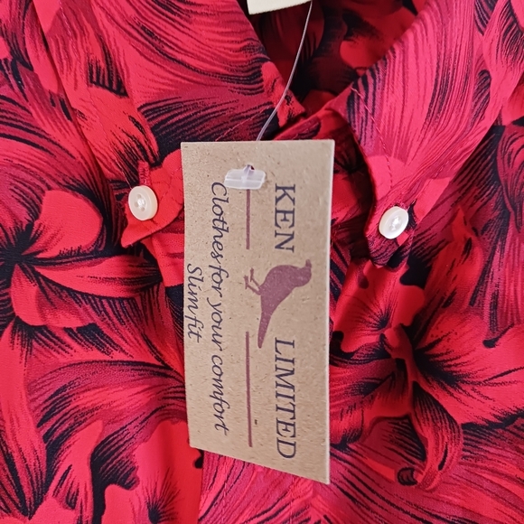 Size Large Ken LTD Mens Dress Shirt Red Floral, Cotton Tropical Fall - Picture 4 of 7
